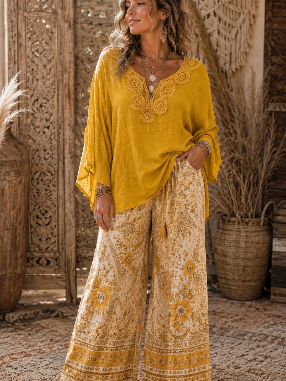 Counterparts Golden Yellow Crochet-Trim Tunic Top SZ L